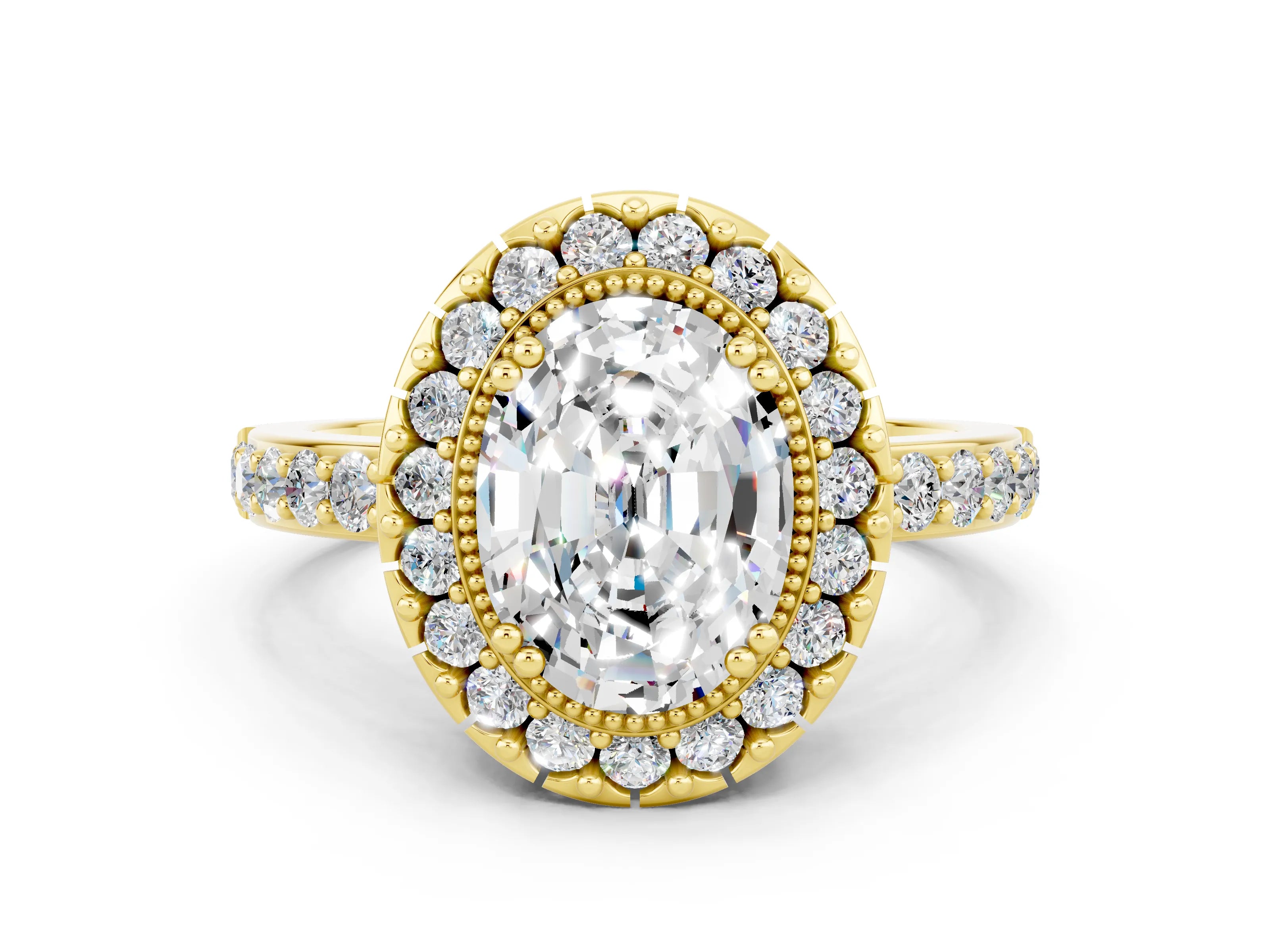 Yellow gold Oval Cut Moissanite Halo Ring with Pavé Band and Prong Setting