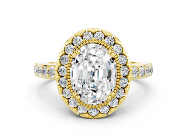 Yellow gold Oval Cut Moissanite Halo Ring with Pavé Band and Prong Setting