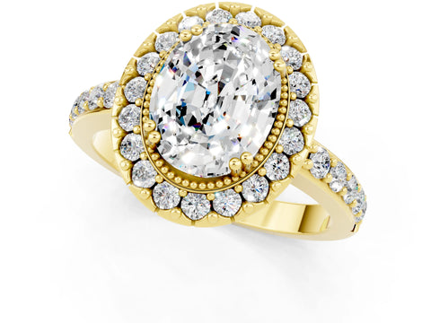 Yellow gold Oval Cut Moissanite Halo Ring with Pavé Band and Prong Setting_1