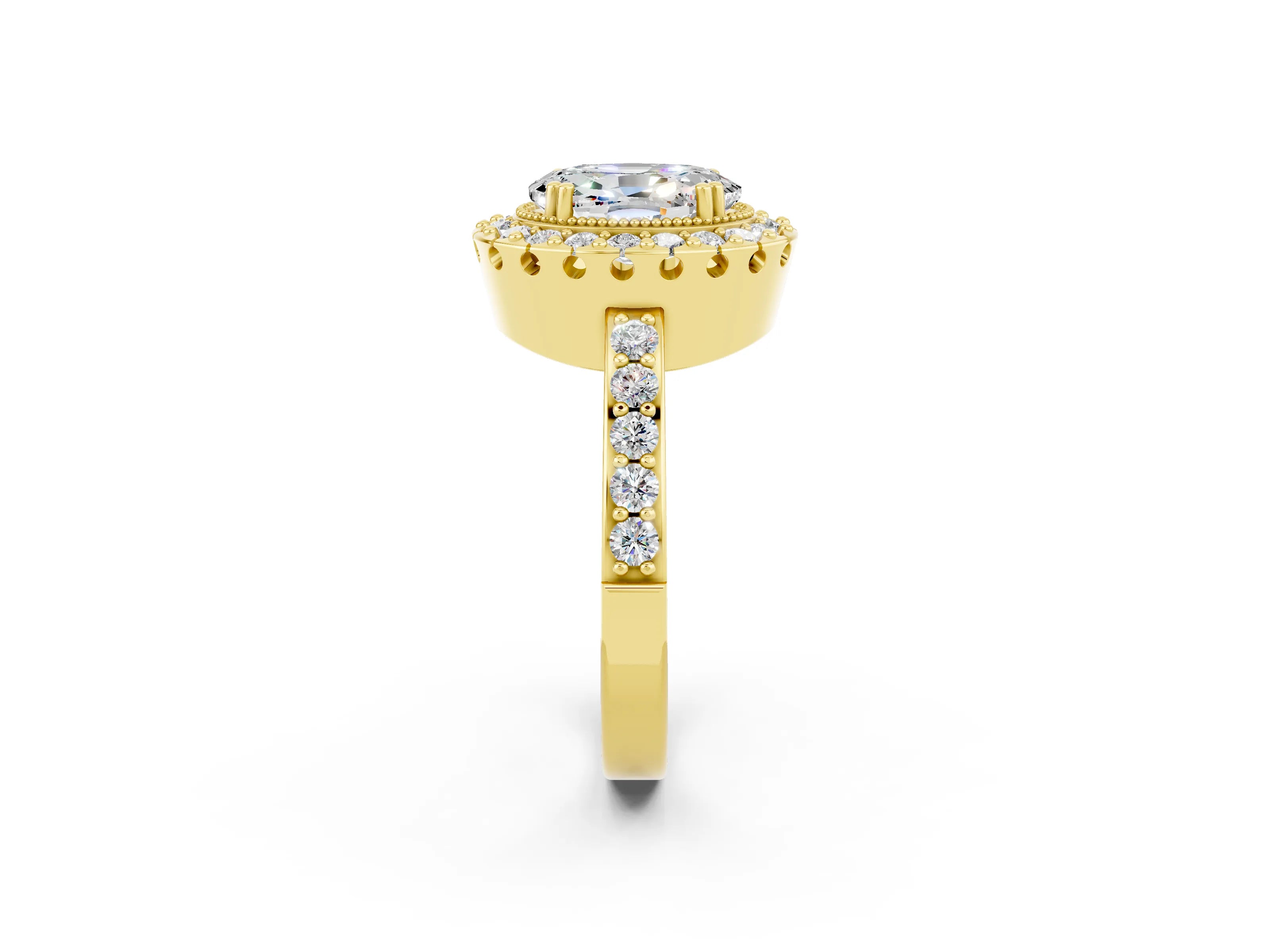 Yellow gold Oval Cut Moissanite Halo Ring with Pavé Band and Prong Setting_2