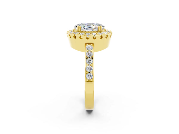 Yellow gold Oval Cut Moissanite Halo Ring with Pavé Band and Prong Setting