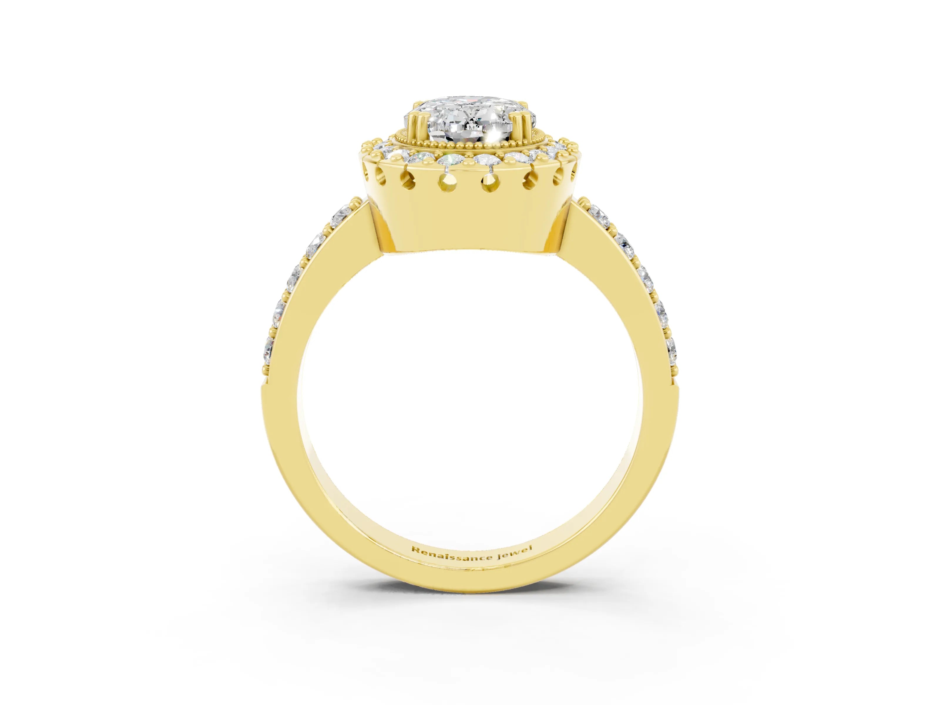 Yellow gold Oval Cut Moissanite Halo Ring with Pavé Band and Prong Setting_3