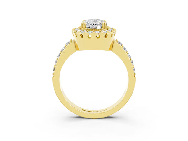 Yellow gold Oval Cut Moissanite Halo Ring with Pavé Band and Prong Setting