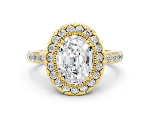 Yellow gold Oval Cut Moissanite Halo Ring with Pavé Band and Prong Setting