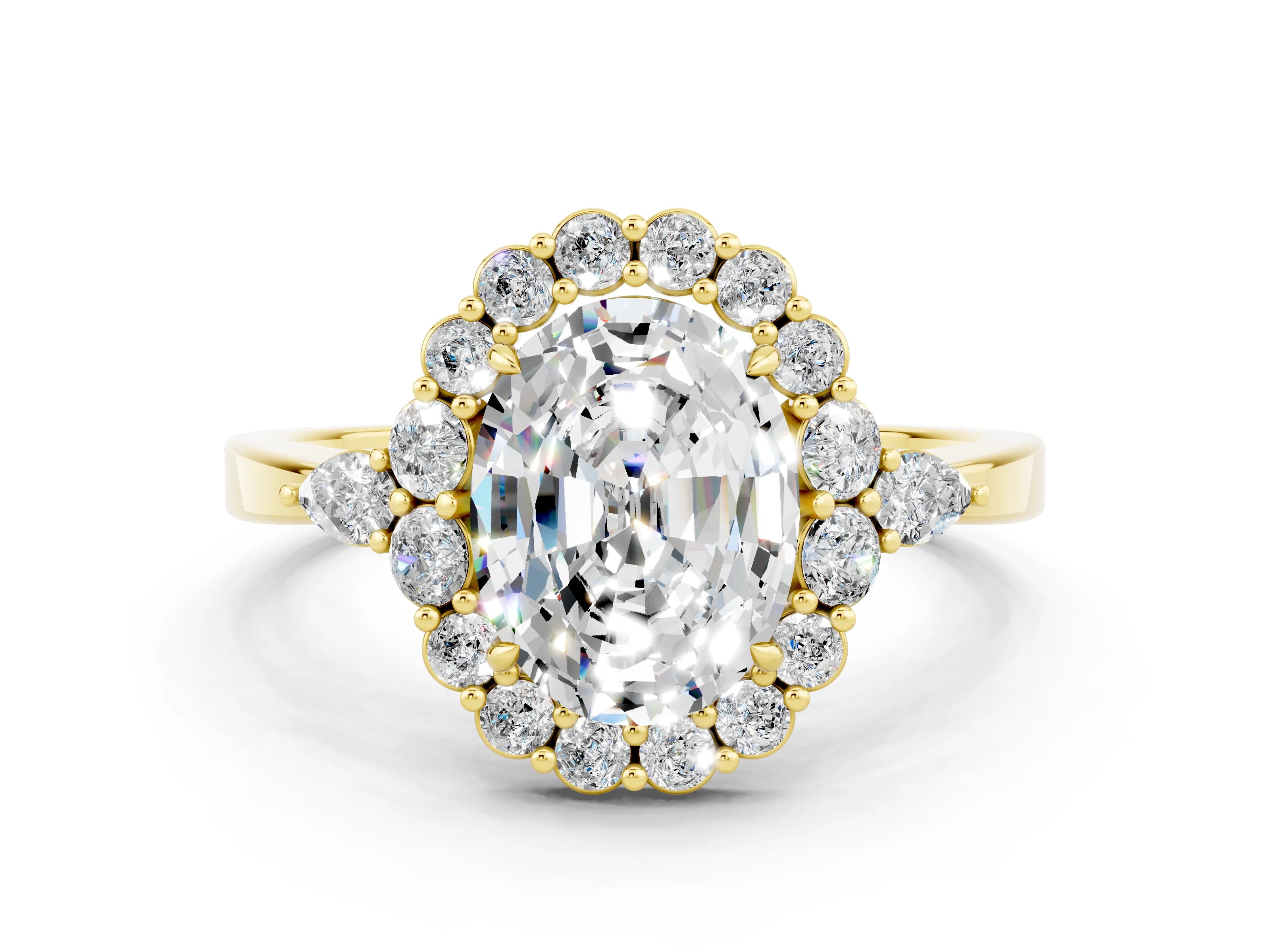 Yellow gold Oval Cut Moissanite Halo Ring with Pear Side Stones and Prong Setting_12