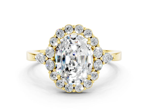 Yellow gold Oval Cut Moissanite Halo Ring with Pear Side Stones and Prong Setting
