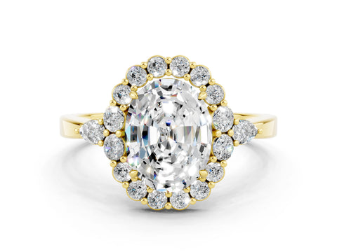 Yellow gold Oval Cut Moissanite Halo Ring with Pear Side Stones and Prong Setting_12