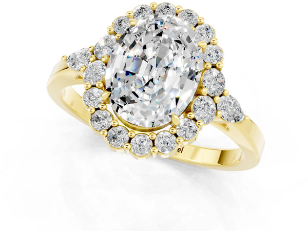 Yellow gold Oval Cut Moissanite Halo Ring with Pear Side Stones and Prong Setting