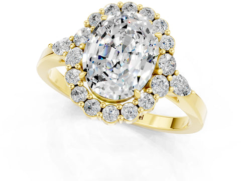 Yellow gold Oval Cut Moissanite Halo Ring with Pear Side Stones and Prong Setting_13