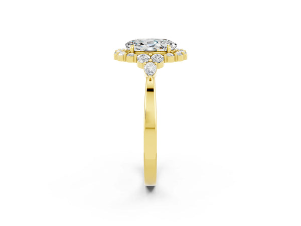 Yellow gold Oval Cut Moissanite Halo Ring with Pear Side Stones and Prong Setting