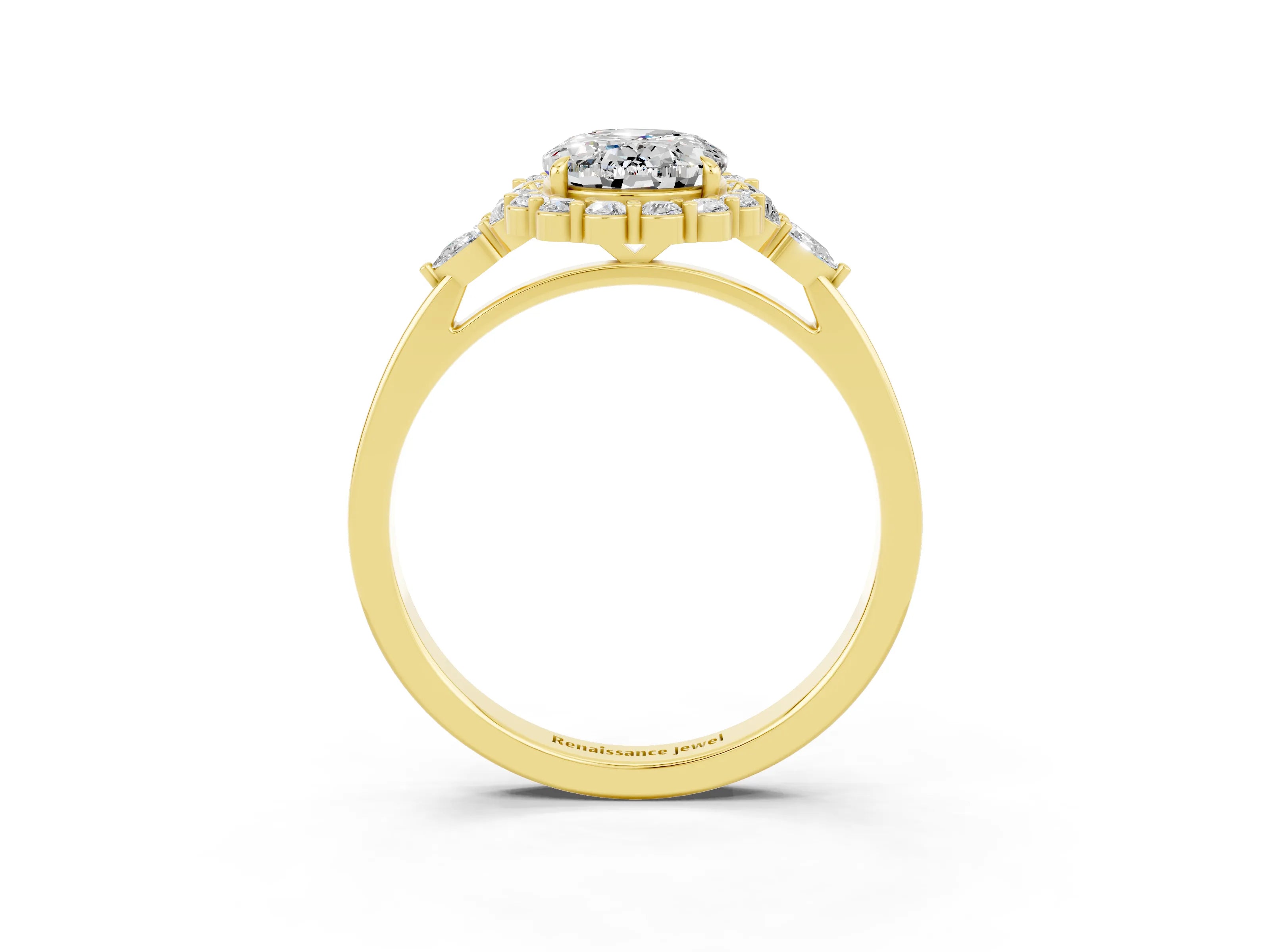 Yellow gold Oval Cut Moissanite Halo Ring with Pear Side Stones and Prong Setting_15
