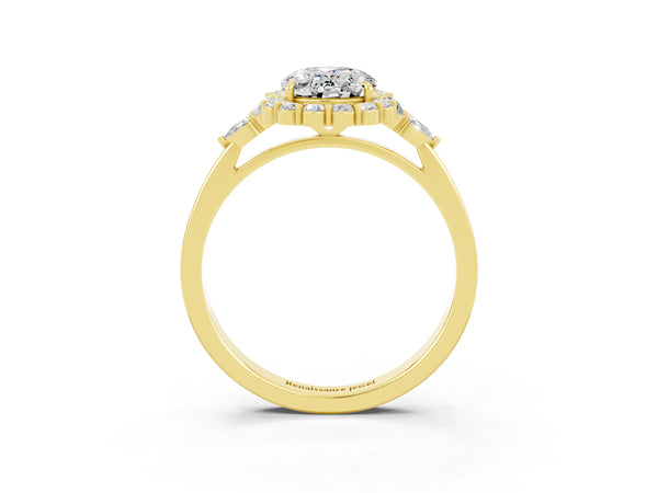 Yellow gold Oval Cut Moissanite Halo Ring with Pear Side Stones and Prong Setting