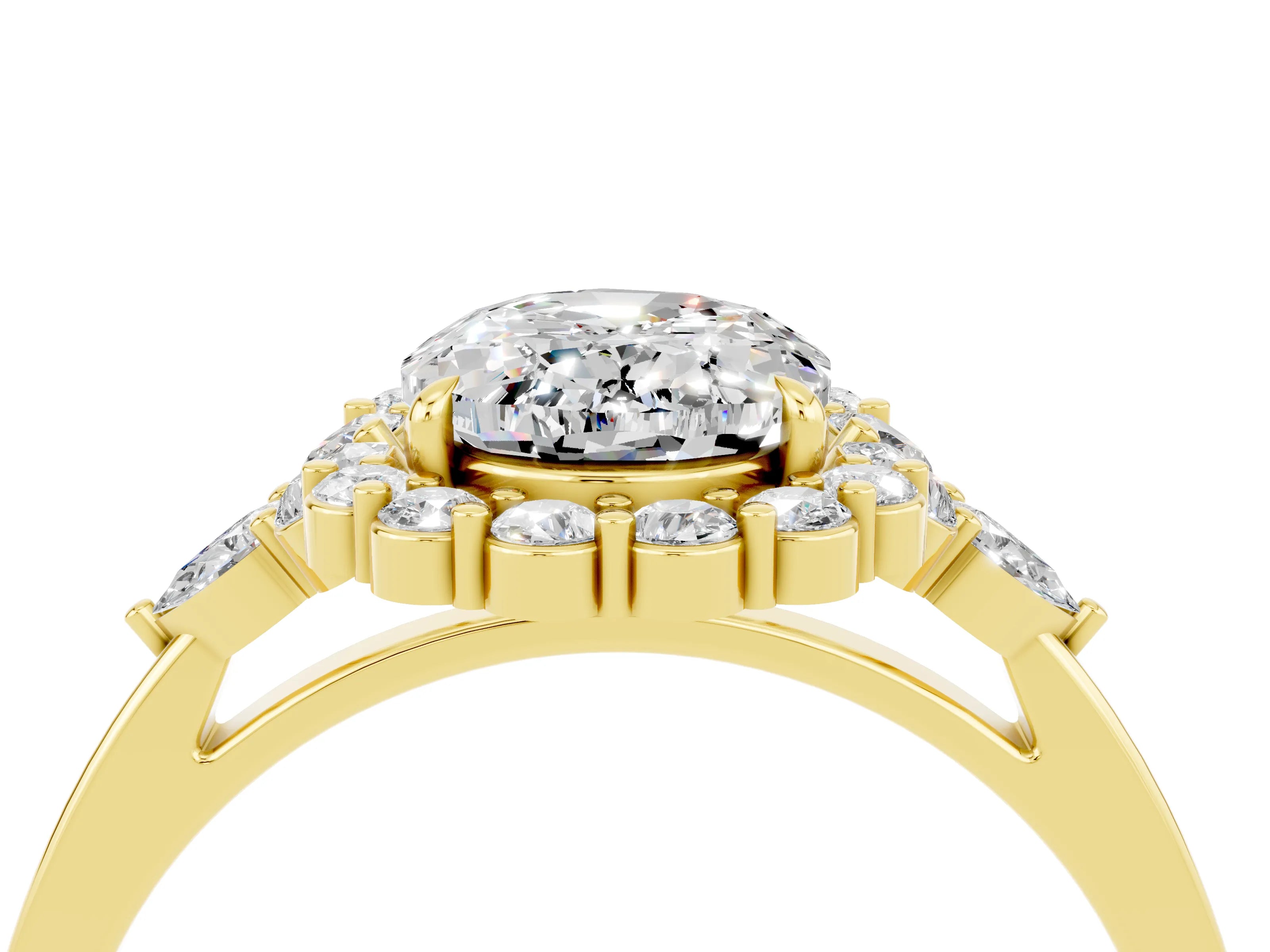 Yellow gold Oval Cut Moissanite Halo Ring with Pear Side Stones and Prong Setting_16