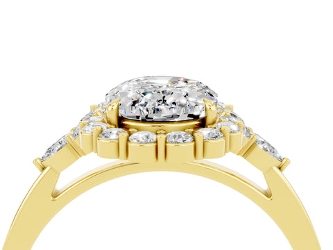Yellow gold Oval Cut Moissanite Halo Ring with Pear Side Stones and Prong Setting_16