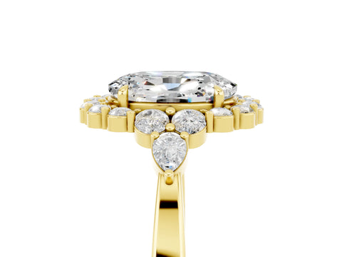Yellow gold Oval Cut Moissanite Halo Ring with Pear Side Stones and Prong Setting_17