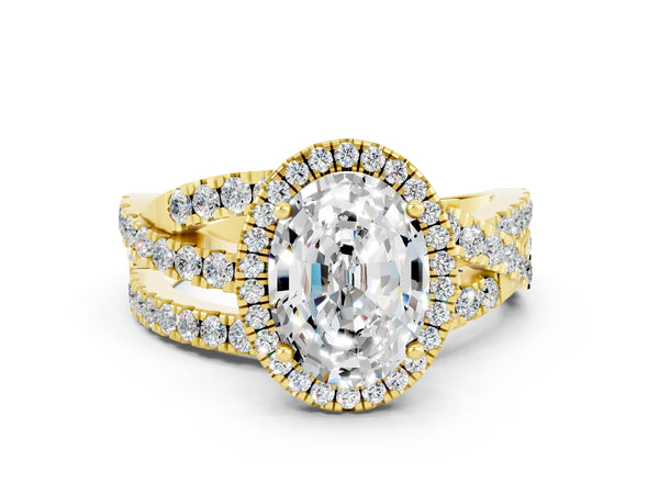 Yellow gold Oval Cut Moissanite Halo Ring with Round Split Shank and Prong Setting