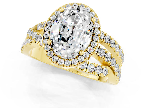 Yellow gold Oval Cut Moissanite Halo Ring with Round Split Shank and Prong Setting
