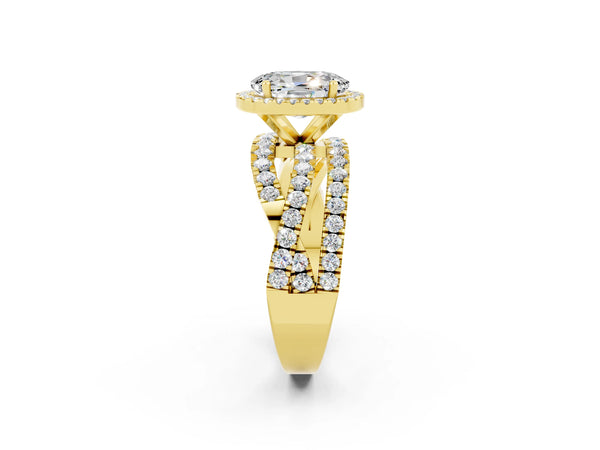 Yellow gold Oval Cut Moissanite Halo Ring with Round Split Shank and Prong Setting