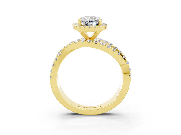 Yellow gold Oval Cut Moissanite Halo Ring with Round Split Shank and Prong Setting