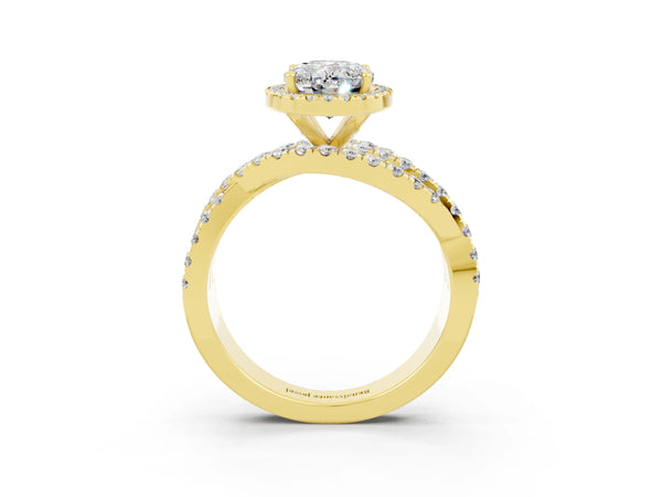 Yellow gold Oval Cut Moissanite Halo Ring with Round Split Shank and Prong Setting