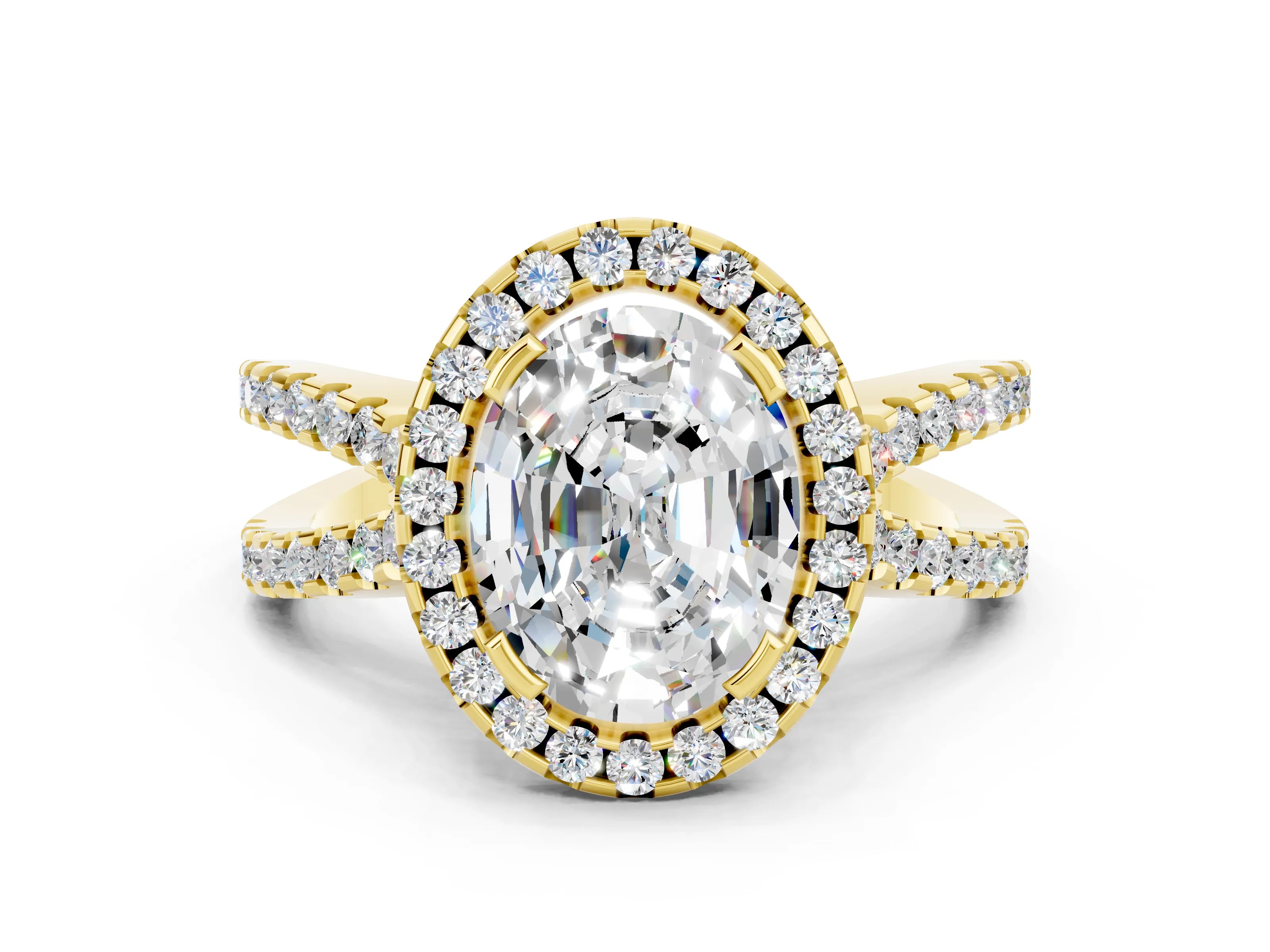 Yellow gold Oval Cut Moissanite Halo Ring with Split Shank Pavé Band and Prong Setting