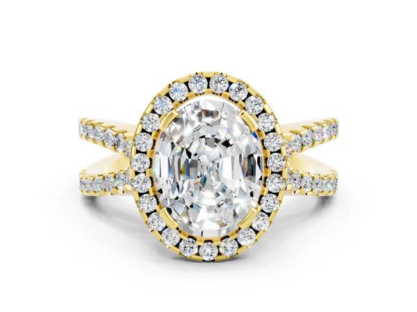Yellow gold Oval Cut Moissanite Halo Ring with Split Shank Pavé Band and Prong Setting