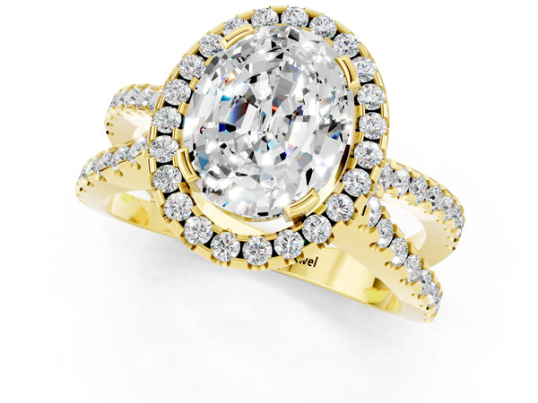 Yellow gold Oval Cut Moissanite Halo Ring with Split Shank Pavé Band and Prong Setting