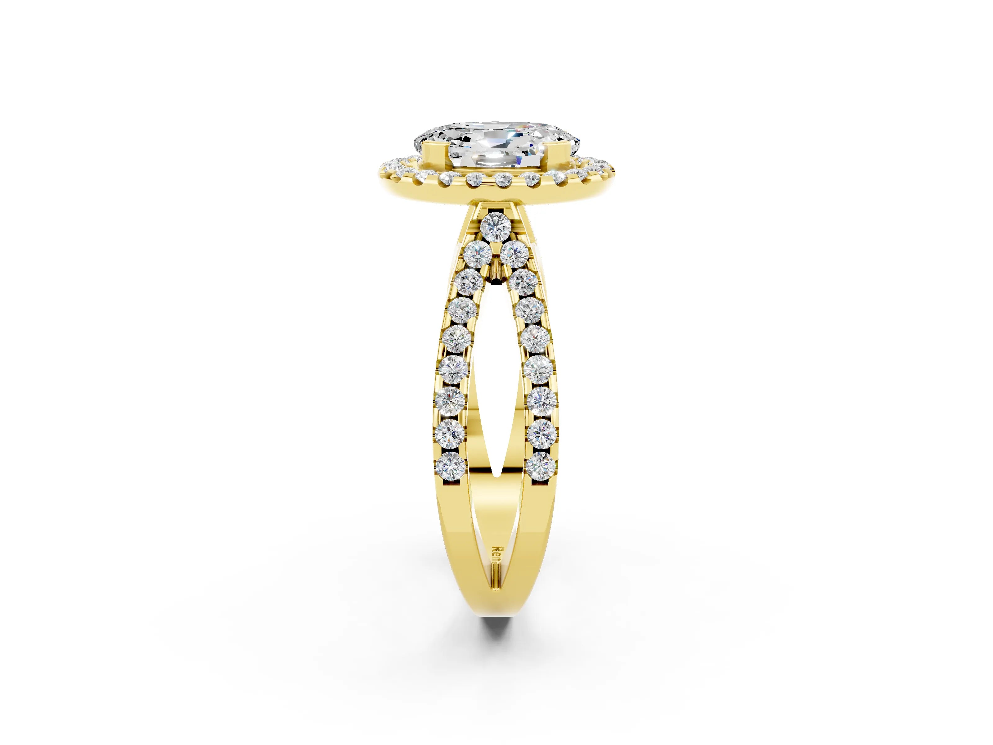 Yellow gold Oval Cut Moissanite Halo Ring with Split Shank Pavé Band and Prong Setting_2