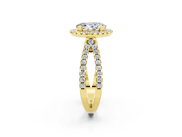 Yellow gold Oval Cut Moissanite Halo Ring with Split Shank Pavé Band and Prong Setting