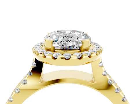 Yellow gold Oval Cut Moissanite Halo Ring with Split Shank Pavé Band and Prong Setting_4