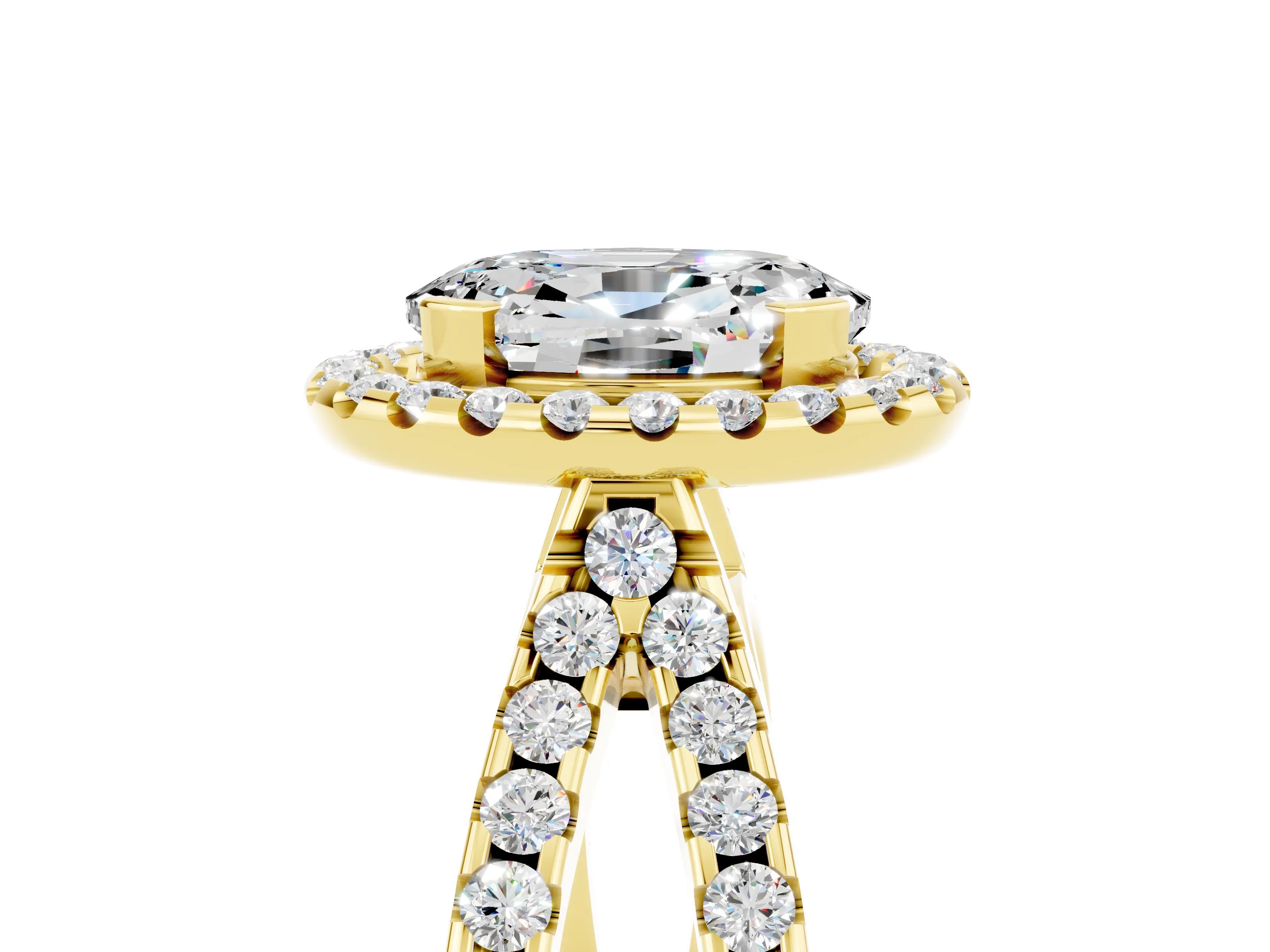 Yellow gold Oval Cut Moissanite Halo Ring with Split Shank Pavé Band and Prong Setting_5