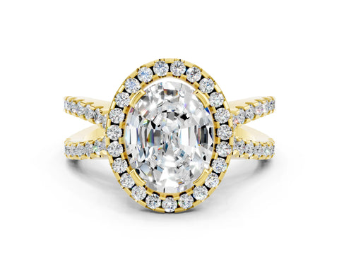 Yellow gold Oval Cut Moissanite Halo Ring with Split Shank Pavé Band and Prong Setting