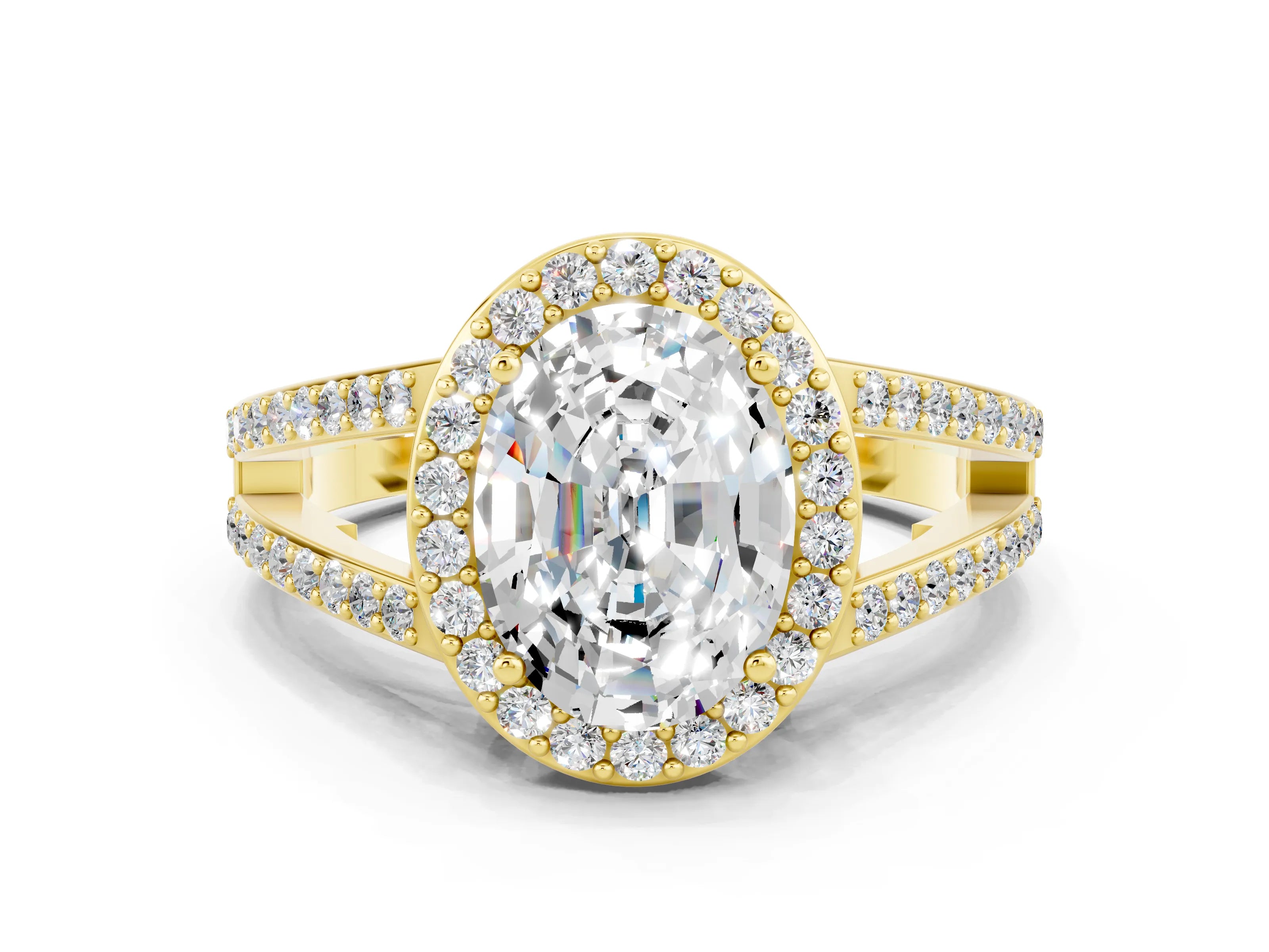Yellow gold Oval Cut Moissanite Halo Ring with Split Shank U-Prong Band and Four-Prong Setting