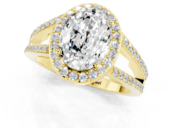 Yellow gold Oval Cut Moissanite Halo Ring with Split Shank U-Prong Band and Four-Prong Setting