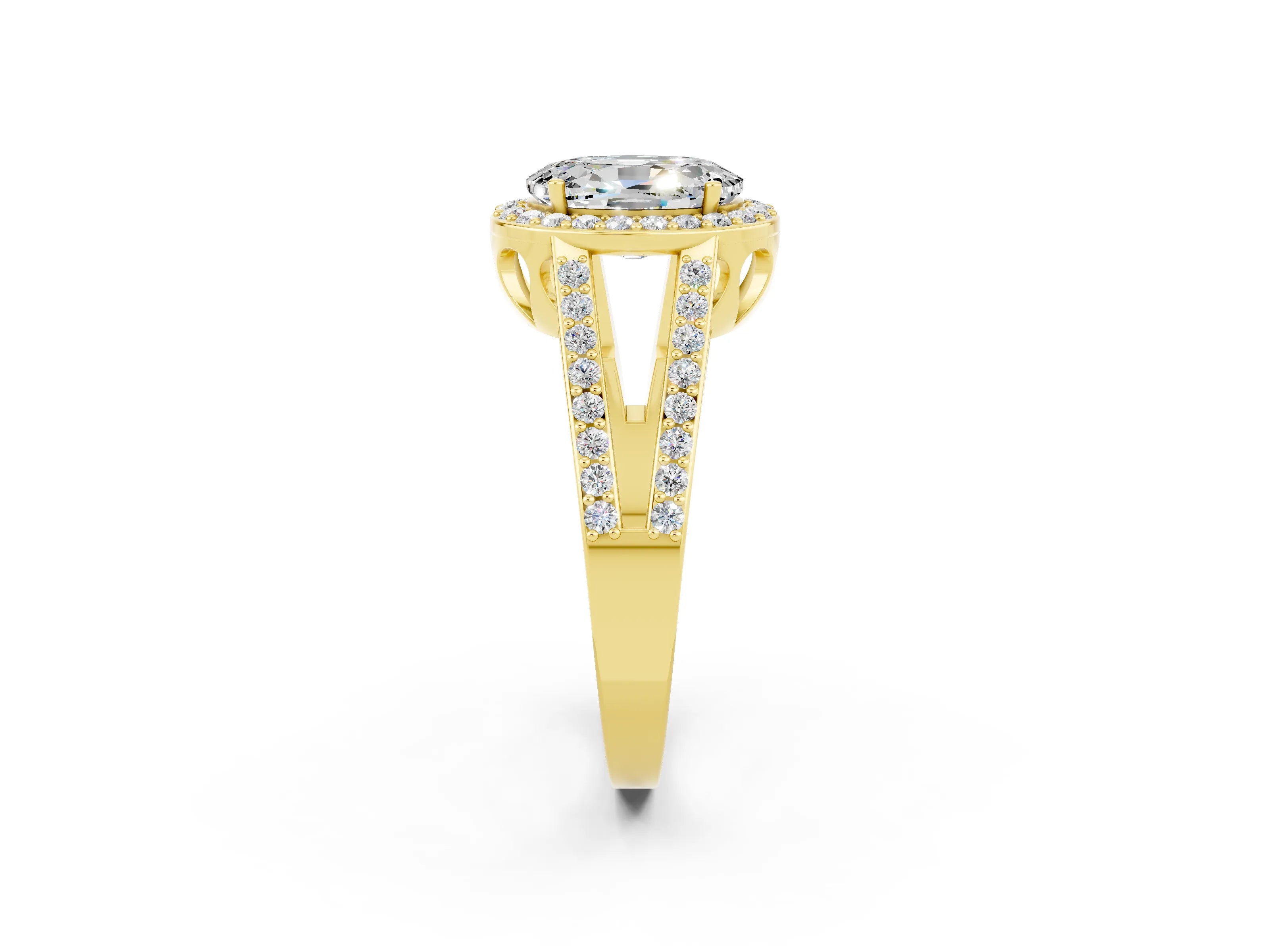 Yellow gold Oval Cut Moissanite Halo Ring with Split Shank U-Prong Band and Four-Prong Setting_2