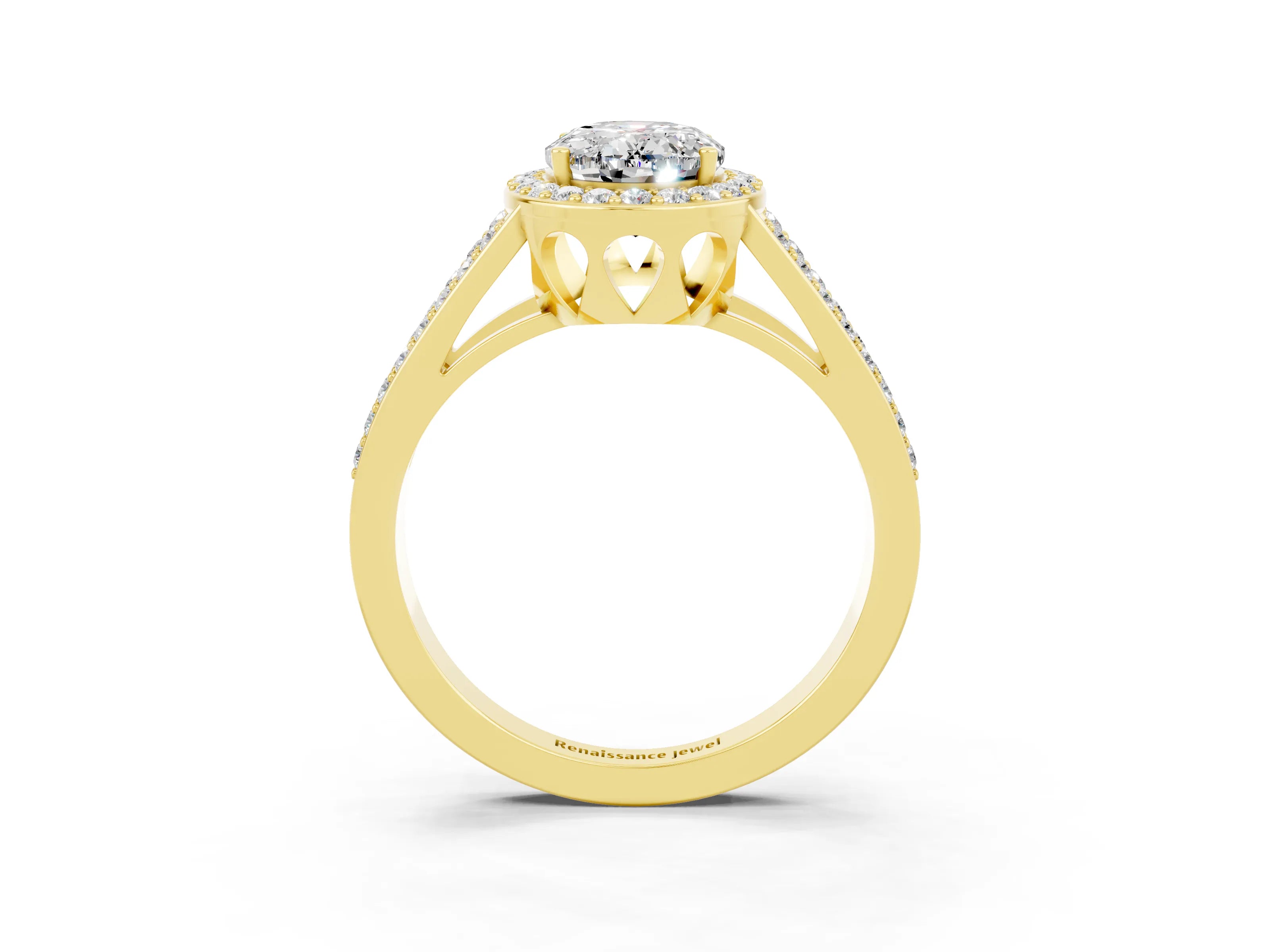Yellow gold Oval Cut Moissanite Halo Ring with Split Shank U-Prong Band and Four-Prong Setting_3