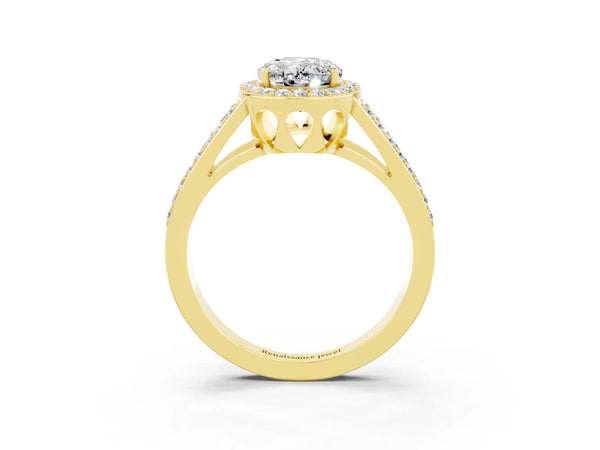 Yellow gold Oval Cut Moissanite Halo Ring with Split Shank U-Prong Band and Four-Prong Setting