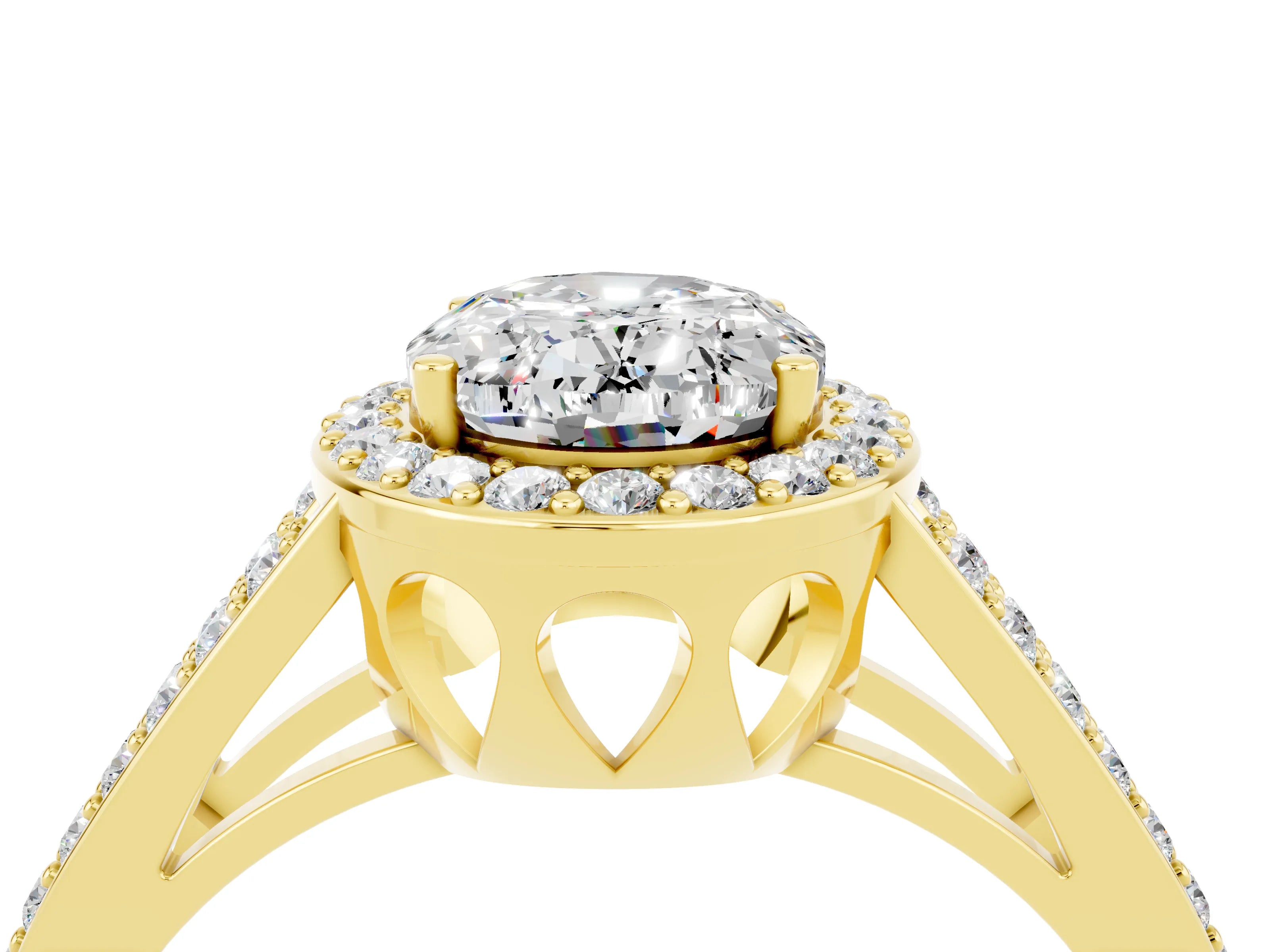 Yellow gold Oval Cut Moissanite Halo Ring with Split Shank U-Prong Band and Four-Prong Setting_4