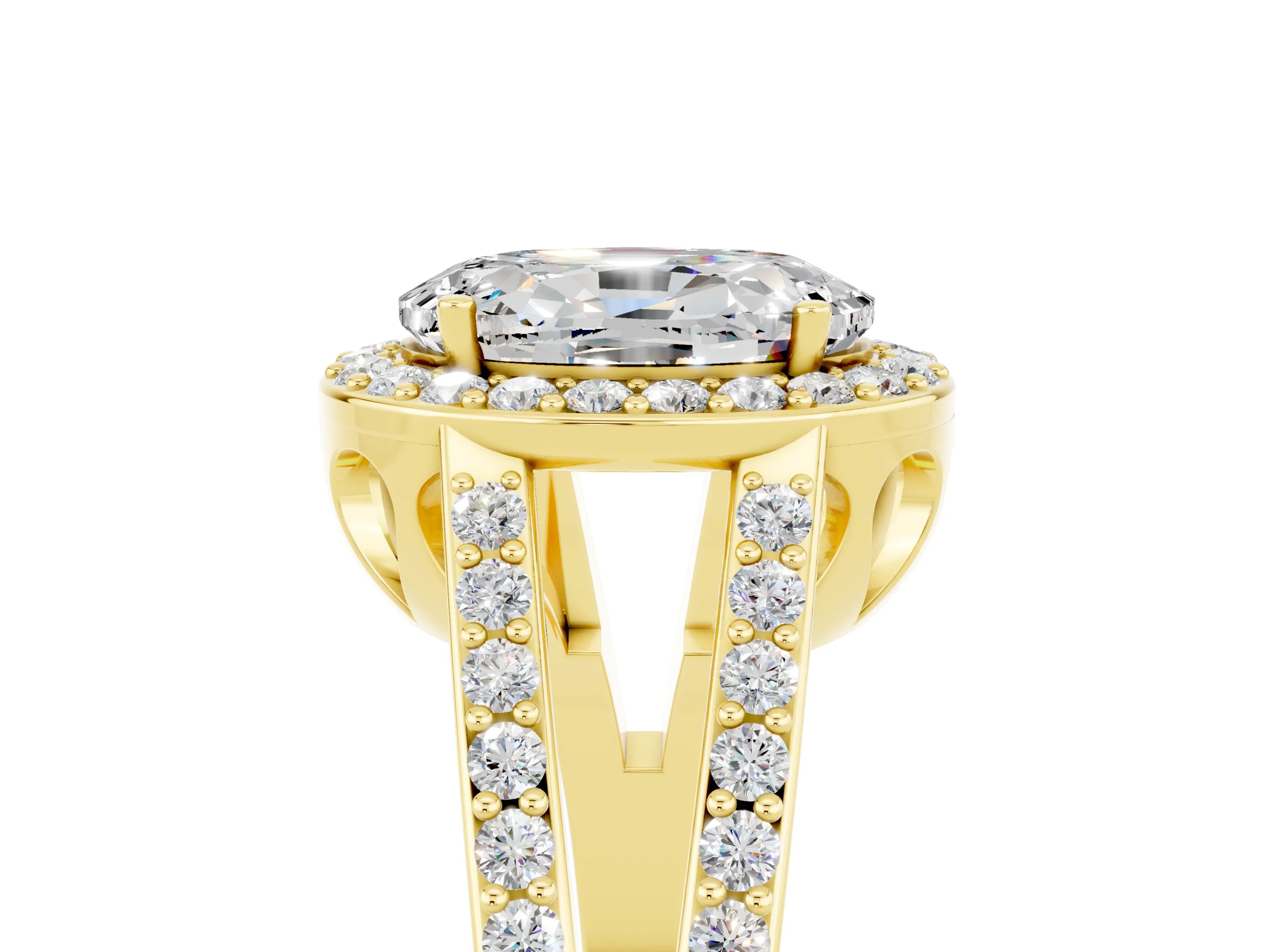 Yellow gold Oval Cut Moissanite Halo Ring with Split Shank U-Prong Band and Four-Prong Setting_5