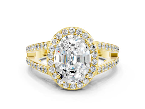 Yellow gold Oval Cut Moissanite Halo Ring with Split Shank U-Prong Band and Four-Prong Setting