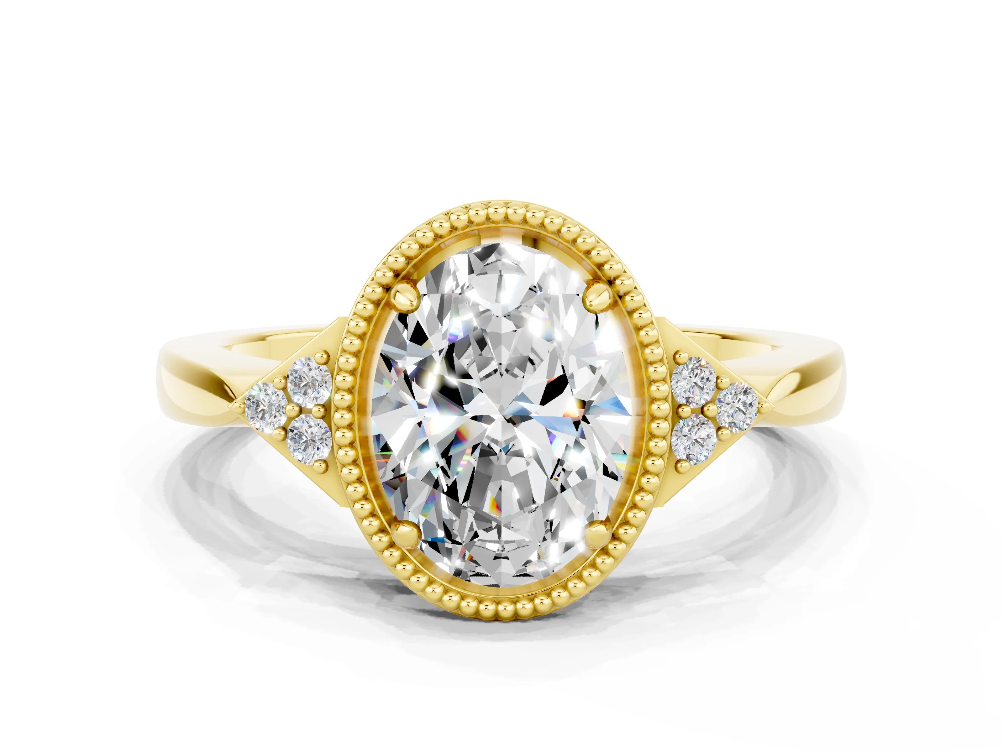 Yellow gold Oval Cut Moissanite Halo Ring with Tapered Band and Four-Prong Setting