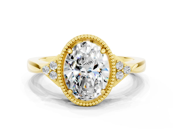 Yellow gold Oval Cut Moissanite Halo Ring with Tapered Band and Four-Prong Setting
