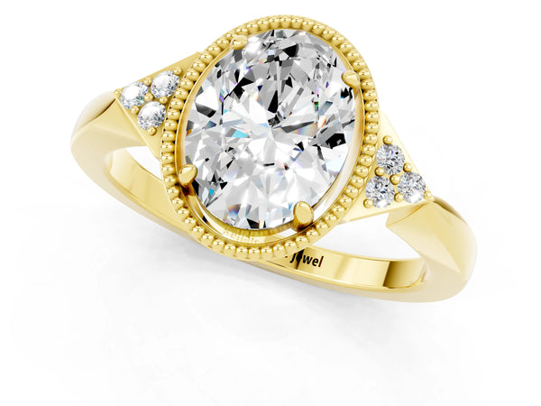 Yellow gold Oval Cut Moissanite Halo Ring with Tapered Band and Four-Prong Setting