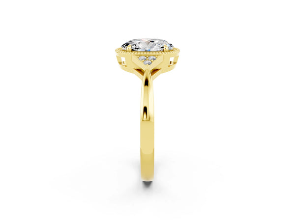 Yellow gold Oval Cut Moissanite Halo Ring with Tapered Band and Four-Prong Setting