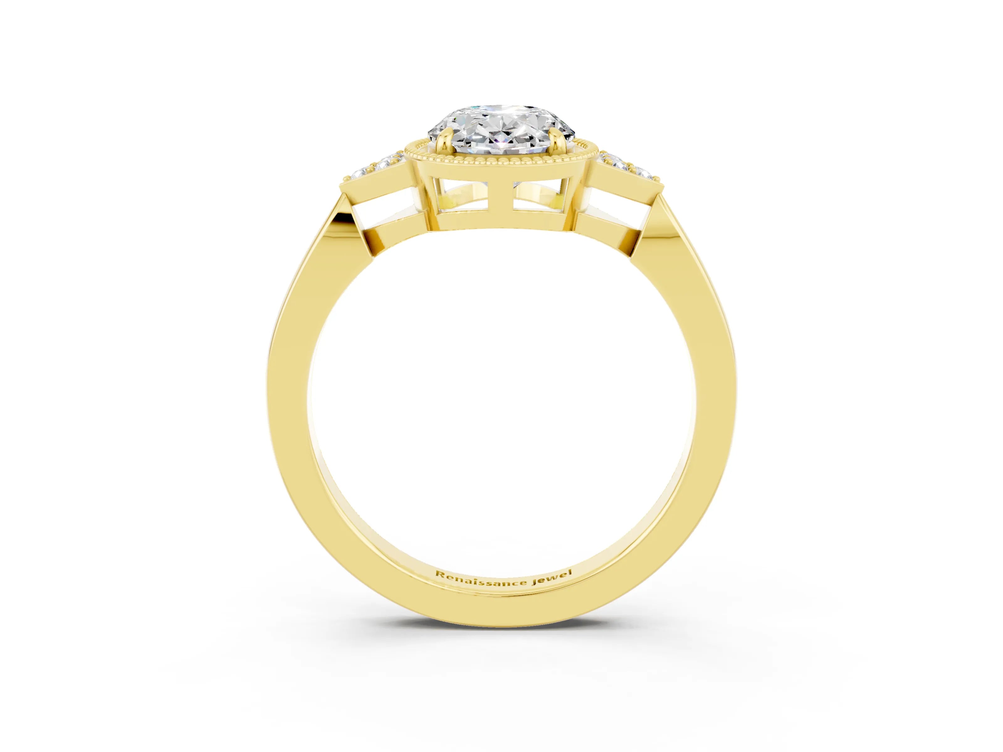 Yellow gold Oval Cut Moissanite Halo Ring with Tapered Band and Four-Prong Setting_3