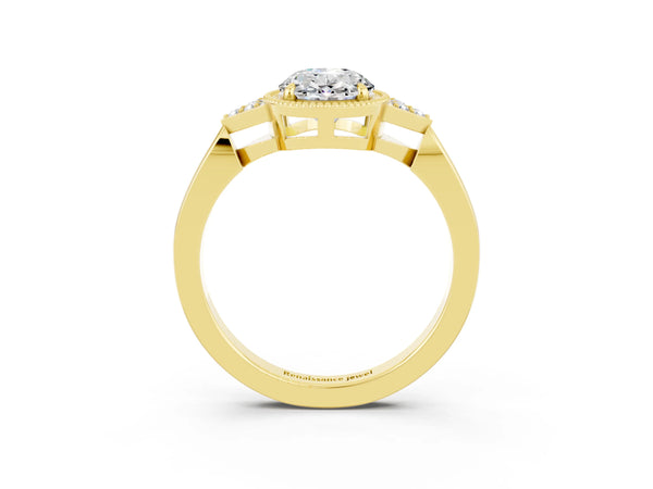 Yellow gold Oval Cut Moissanite Halo Ring with Tapered Band and Four-Prong Setting