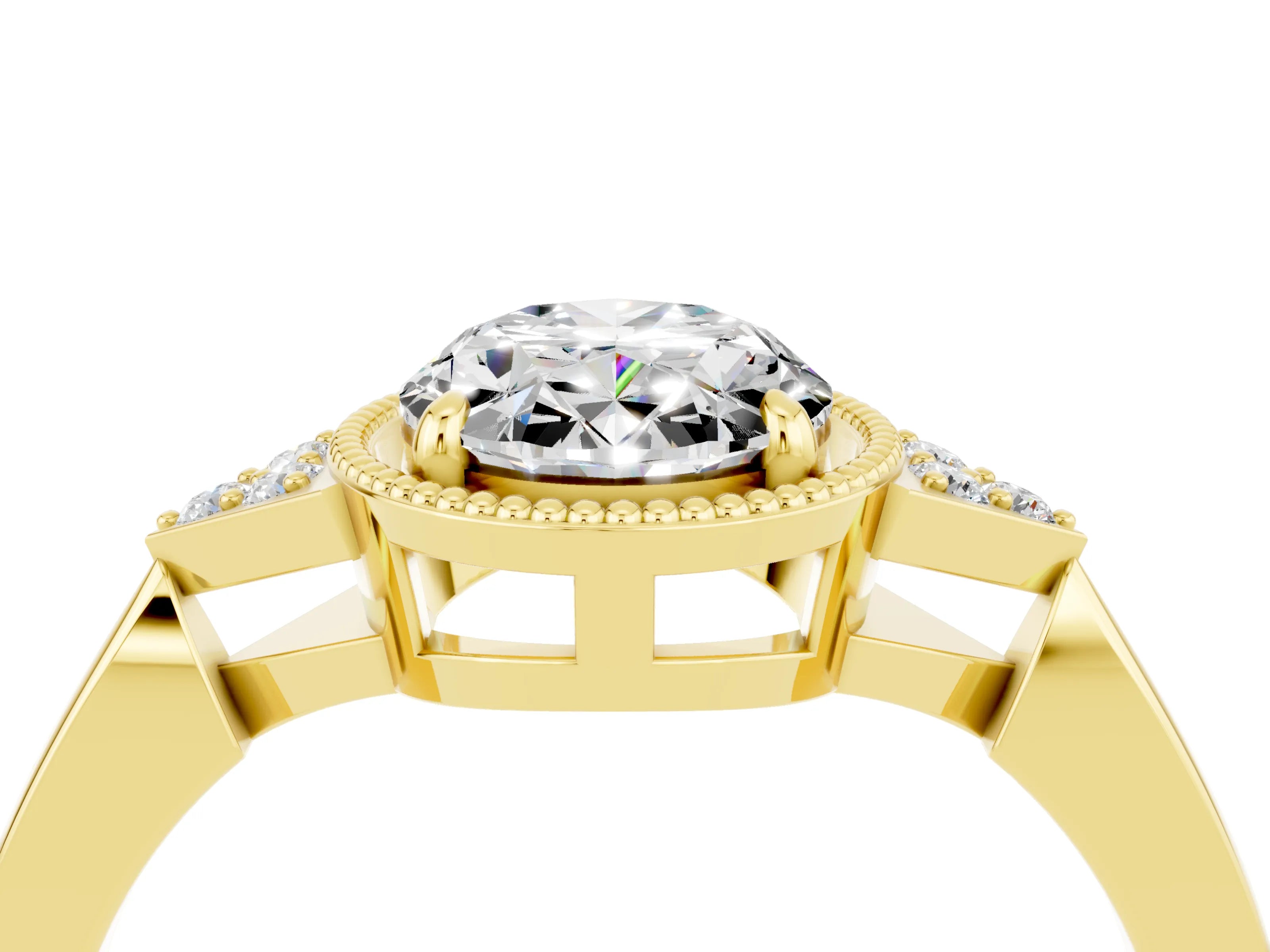 Yellow gold Oval Cut Moissanite Halo Ring with Tapered Band and Four-Prong Setting_4
