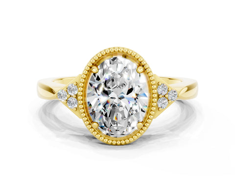 Yellow gold Oval Cut Moissanite Halo Ring with Tapered Band and Four-Prong Setting