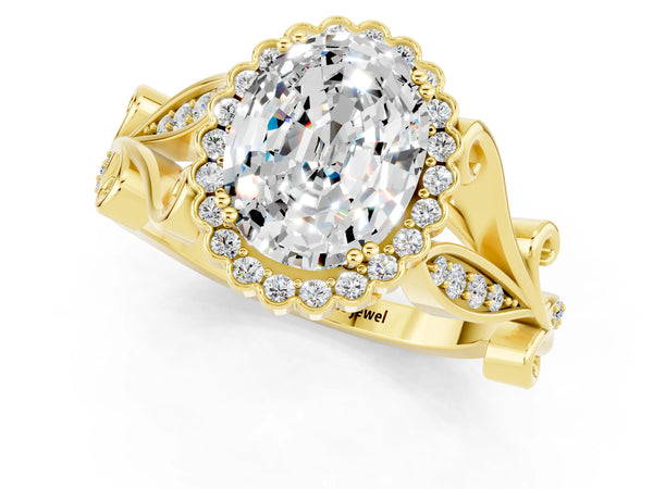 Yellow gold Oval Cut Moissanite Halo Ring with Vintage Split Shank and Four-Prong Setting