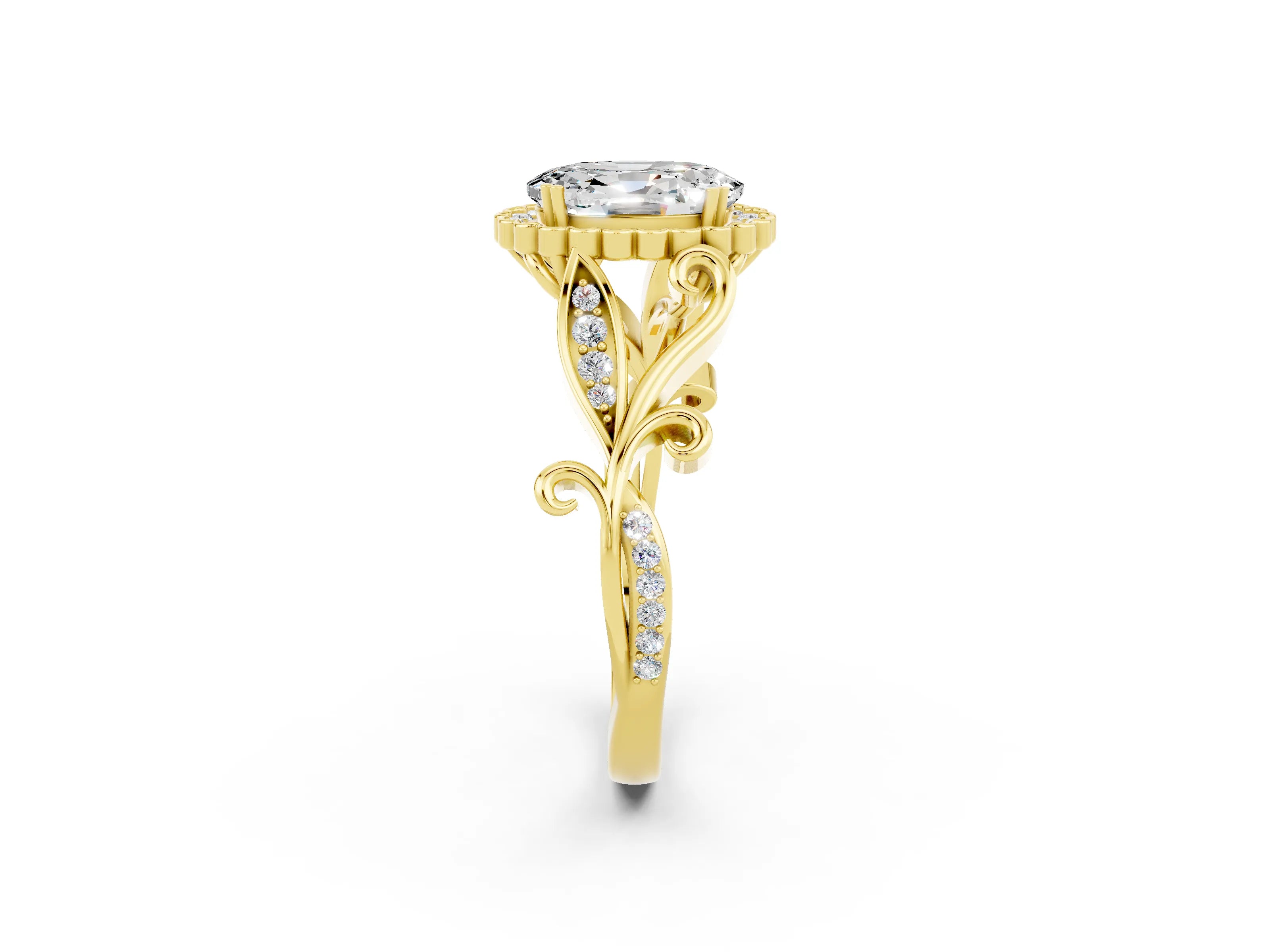 Yellow gold Oval Cut Moissanite Halo Ring with Vintage Split Shank and Four-Prong Setting_2